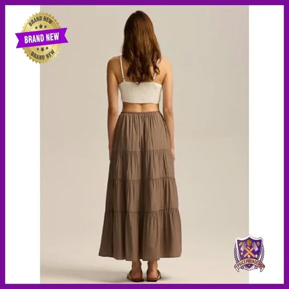 Maxi Skirt with Lining Elastic Waist Drawstring Tiered A-Line Flowy - Picture 4 of 8